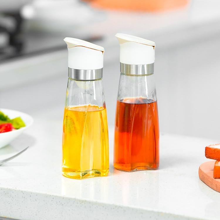 Premium Glass Olive Oil and Vinegar Dispenser Bottles Set, 2-Piece Kitchen Cooking Cruet with Auto-Open Lid, Non-Drip Pouring Spout, Oil Infuser Filter, Dishwasher Safe (White 11oz)