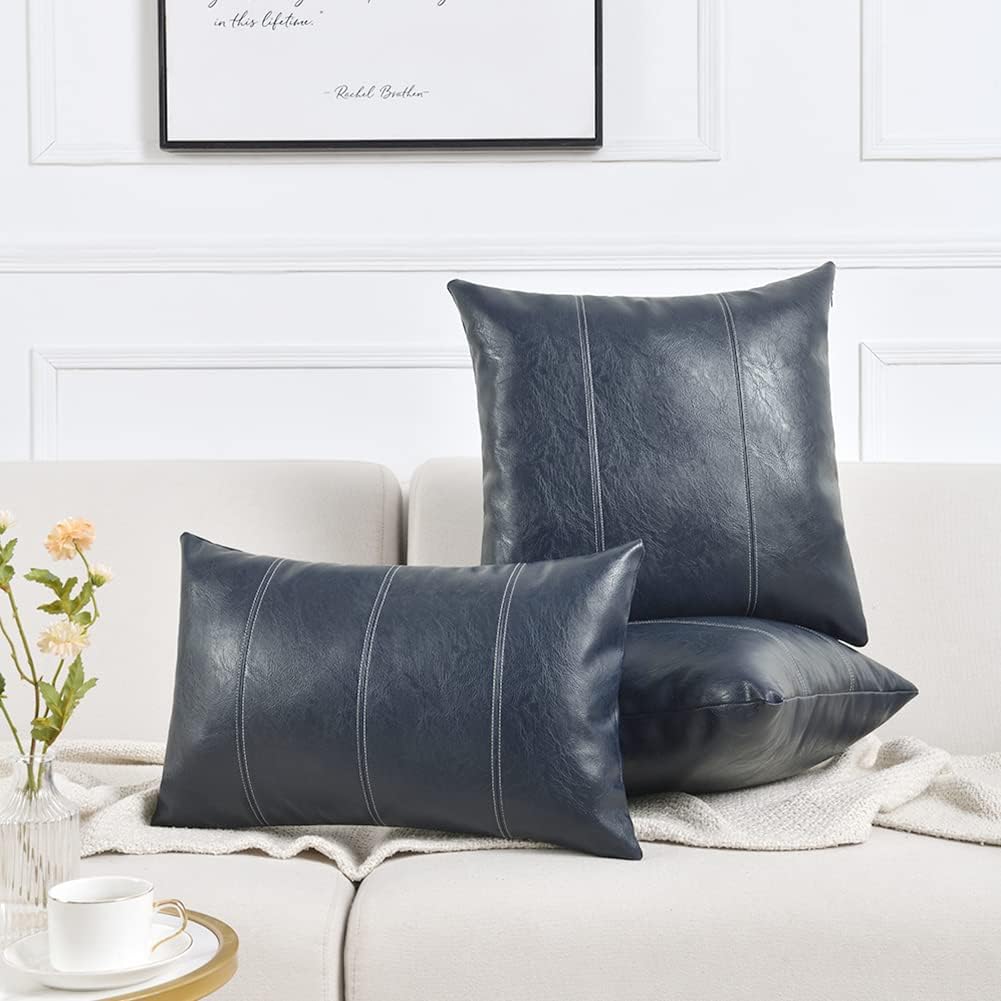 Fancy Homi Navy Blue Long Lumbar Faux Leather Decorative Throw Pillow Covers 12x24 Inch for Outdoor Couch Bed, Modern Farmhouse Boho Home Decor, Blue Hand Stitched Cushion Case 30x60 cm