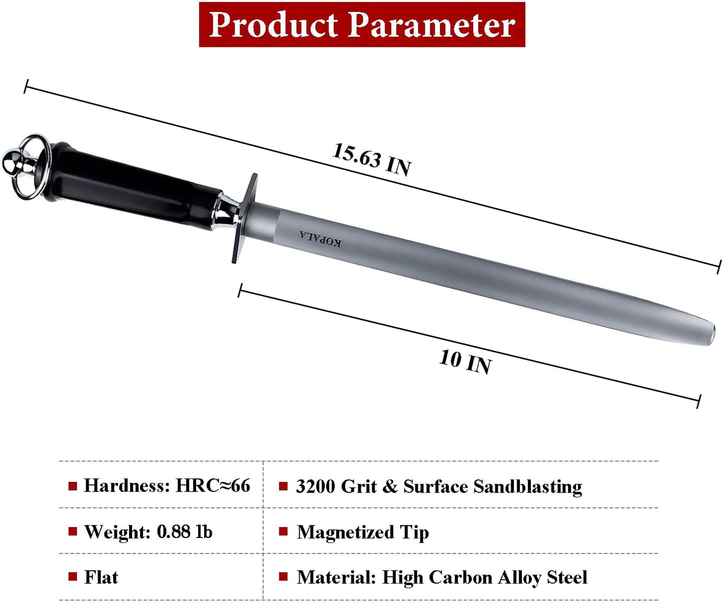 Sharpening Steel Knife Sharpener Rod Flat 10 Inches Honing Steel for Knives Dark