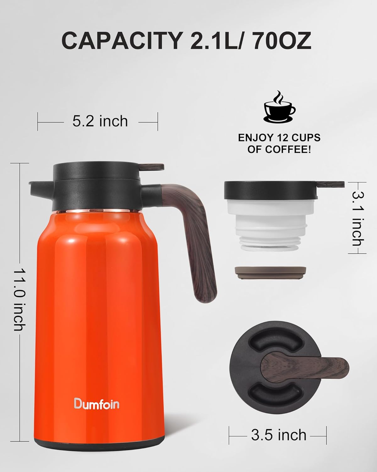 Carafes for Hot Liquids 70 oz - 12 Hour Stainless Steel Thermal Coffee Carafe-Insulated Coffee Carafes For Keeping Hot/Cold Coffee, Tea, Water, Drink Dispenser for Parties(Orange)