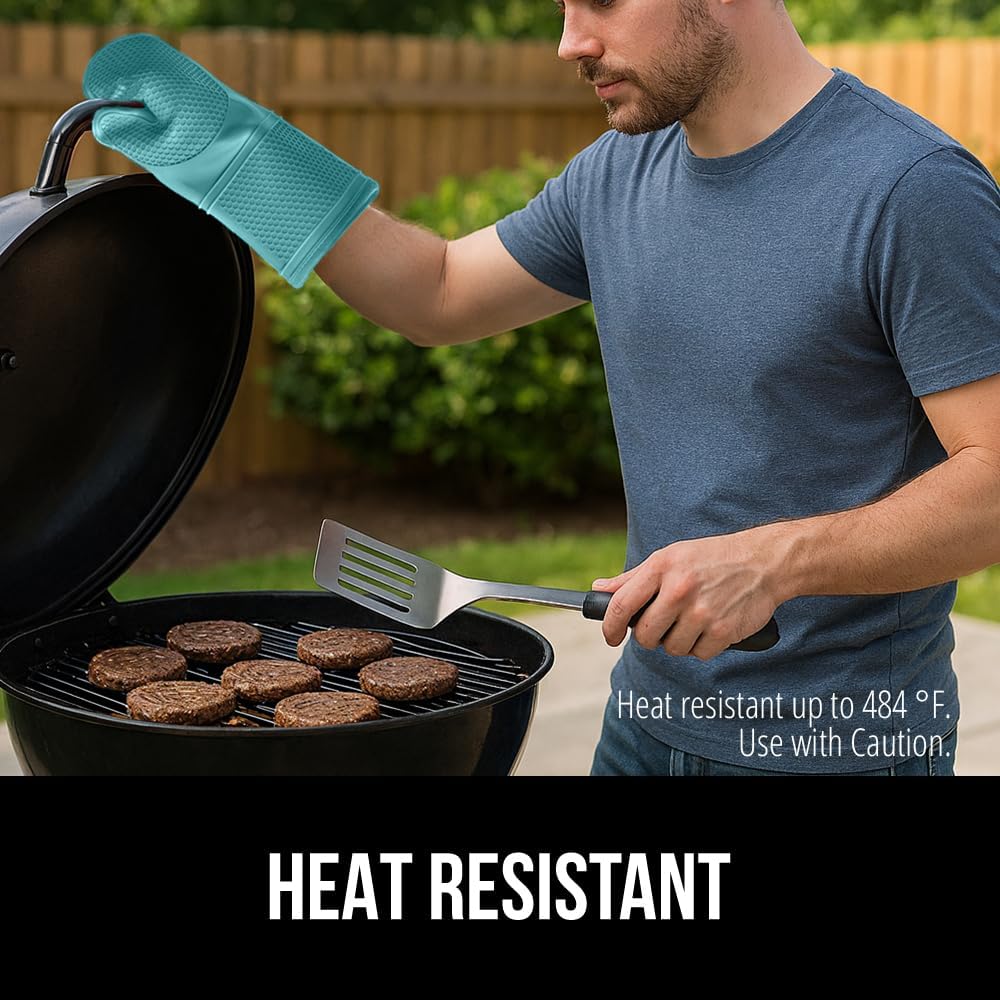 GORILLA GRIP BPA-Free Soft Silicone Oven Mitts, 14.5x8.3, Heat Resistant and Waterproof Cooking Gloves, Thick Cotton Lining, Flexible Gripping for Baking Grilling, Kitchen Potholders Set, Turquoise