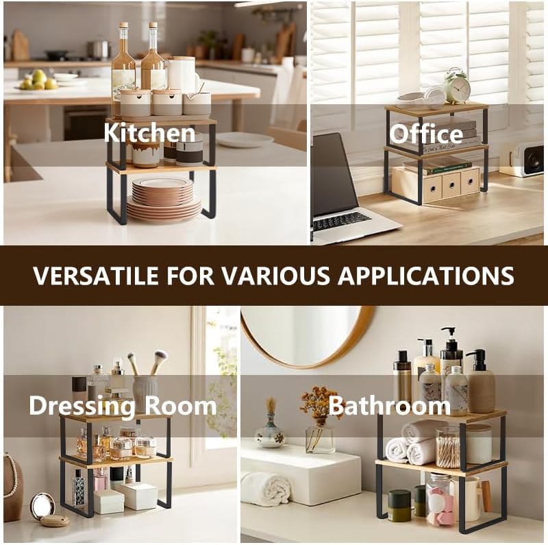 Cabinet Organizer Shelf, Set of 2 Stackable Counter Shelves, Wood and Metal Cabinet Storage Rack, Expandable Kitchen Spice Rack, Multi-Purpose Shelf for Pantry, Bathroom, or Tabletop