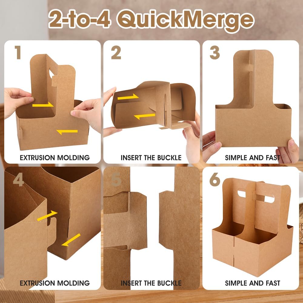 15Pcs -2 Cup Drink Carrier with Handle - Paper Cup Holder, Coffee Carriers Tray for Drinks, Disposable Takeaway Cardboard Holders To Go for Food Delivery, Uber Eats/Door Dash Two or 4 Kraft Paperboard