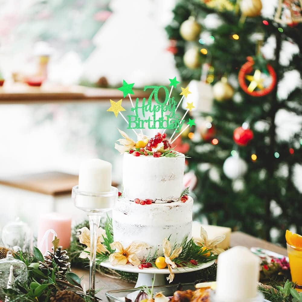 Glittery 70th Happy Birthday Cake Topper with Star,Personalised 70 Birthday Cake Toppers Party Decorations Party Supplies for Boys Girls Green Gold