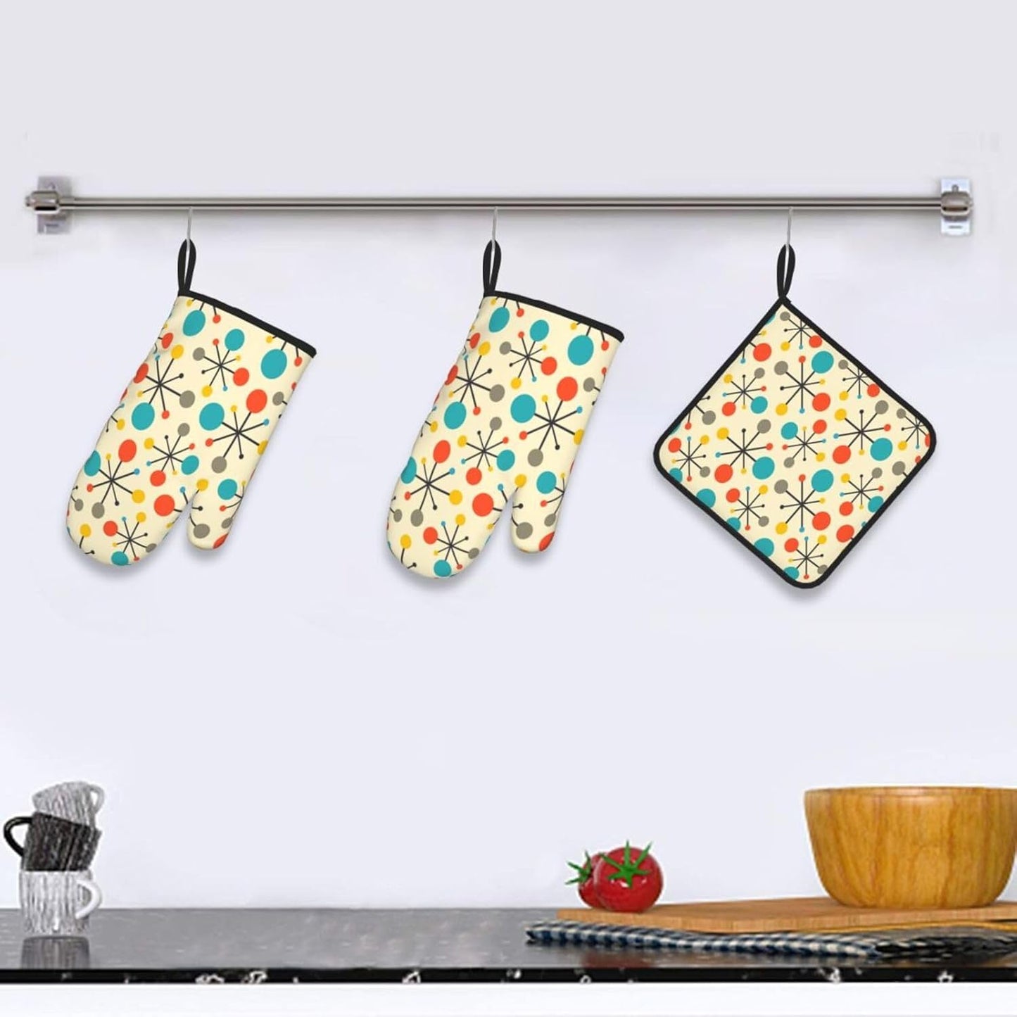 Mid Century Fifties Modern Atomic Retro Oven Mitts and Pot Holders Sets of 3, Yellow Kitchen Decor or Accessories, Heat Resistant Hot Pads Oven Gloves,Cooking Grilling Baking Gifts for Women