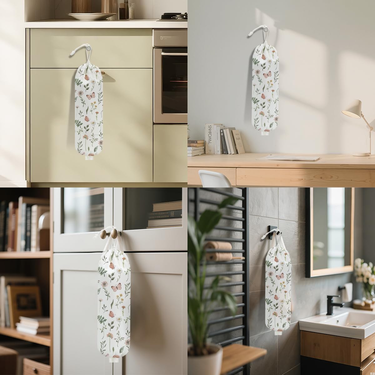 Boho Floral Plastic Bag Holder, Wall Mount Trash Bag Holder, Rustic Butterfly Large Reusable Grocery Bags Storage Dispenser for Home Kitchen Pantry Farmhouse, Flower Gifts for Women, 22.5x9 Inch