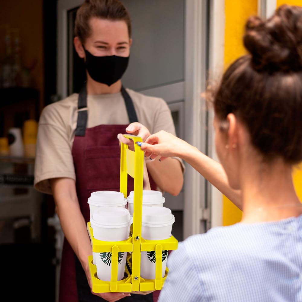 Bodaon 4 Cup Drink Carrier with Handle, Plastic Cup Carriers for Drinks, Drink Holder for Car, GrubHub/Eats Doordash Accessories, Portable Foldable Reusable Mobile, Use for Food Delivery Bag, Yellow