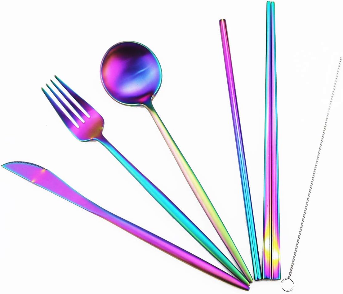 Gugrida Reusable Travel Utensils, 7 Piece Portable 304 Stainless Steel including Knife Fork Spoon Chopsticks Cleaning Brush Straws Portable Pouch, Eco-friendly Camping Silverware Set, Dishwasher Safe