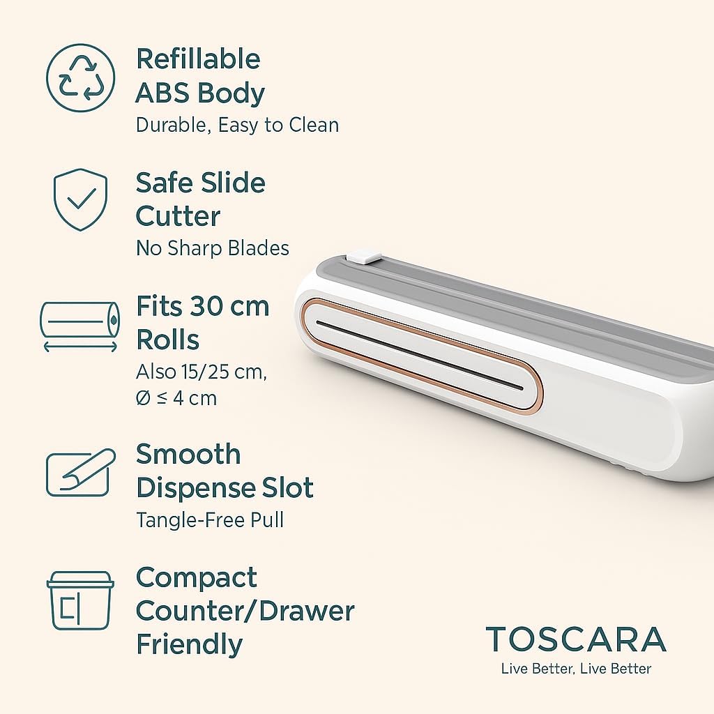 Food Plastic Wrap Dispenser ā Refillable ABS Plastic Wrap Dispenser with Safe Slide Cutter ā Compact Cling Film, Foil & Baking Paper Easy-Cut Organizer for Fresh Food Storage- Fit 30cm roll