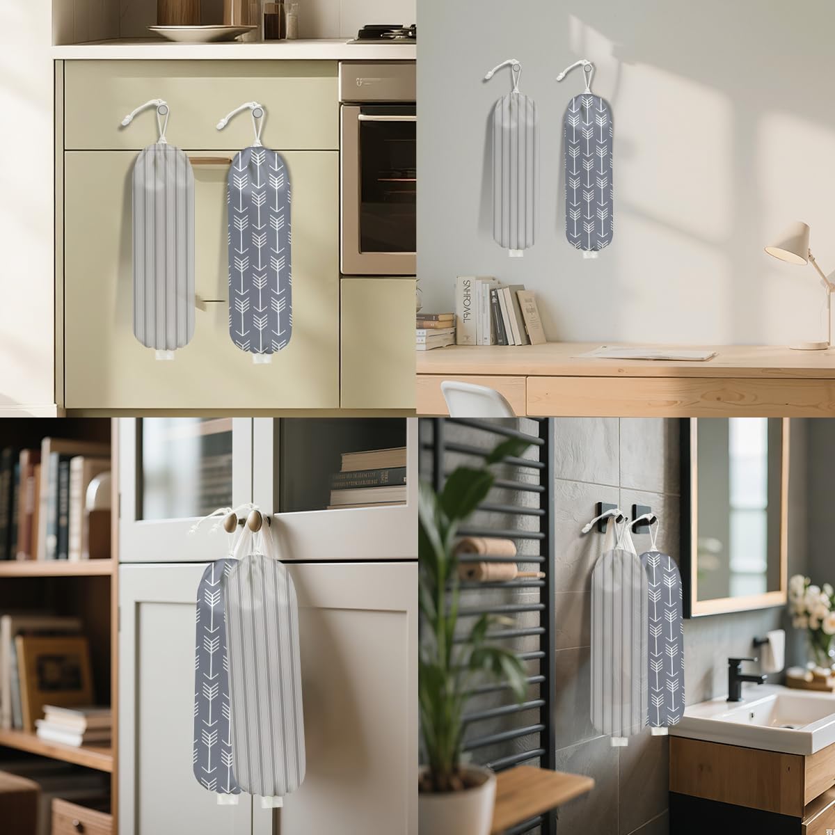 2Pcs Minimalism Stripe Plastic Bag Holder, Wall Mount Grocery Bag Holder for Plastic Bags, Abstract Art Arrow Reusable Organizer Grocery Bags with Drawstring, Housewarming Gifts for Women Mom