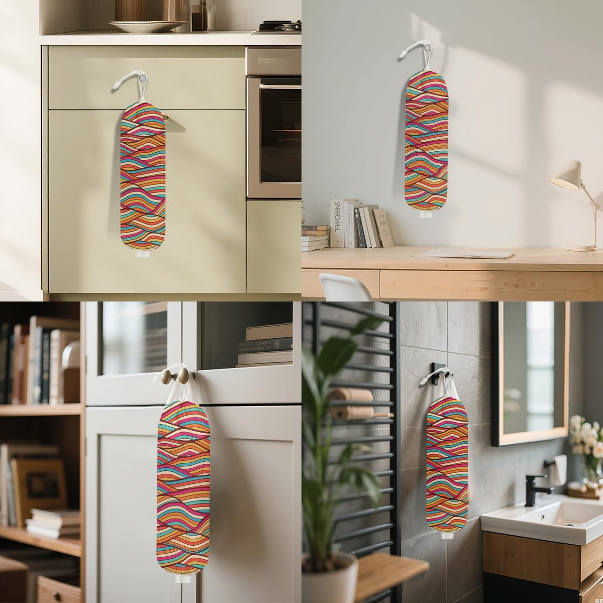 Abstract Wave Seamless Pattern Plastic Bag Holder, Wall Mount Grocery Bag Holder for Plastic Bags, Colorful Wavy Print Reusable Grocery Bags Storage Dispenser, Farmhouse Home Kitchen Decor