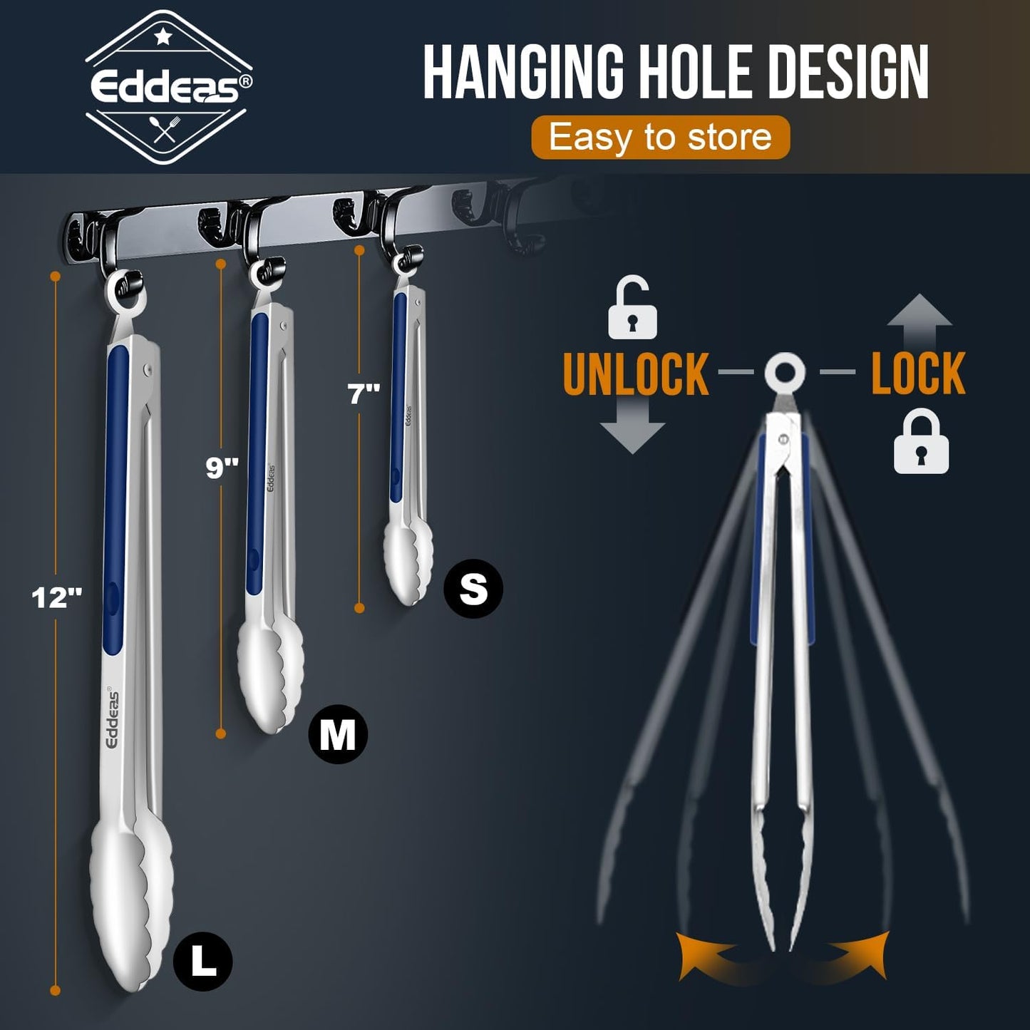 Tongs For Cooking - Heat Resistant 600 Degrees Stainless Steel Kitchen Tong, Heavy Duty Metal Locking Tongs - For Food,Salad, grilling, BBQ 7",9" & 12 inch, set of 3 Dishwasher Safe Blue