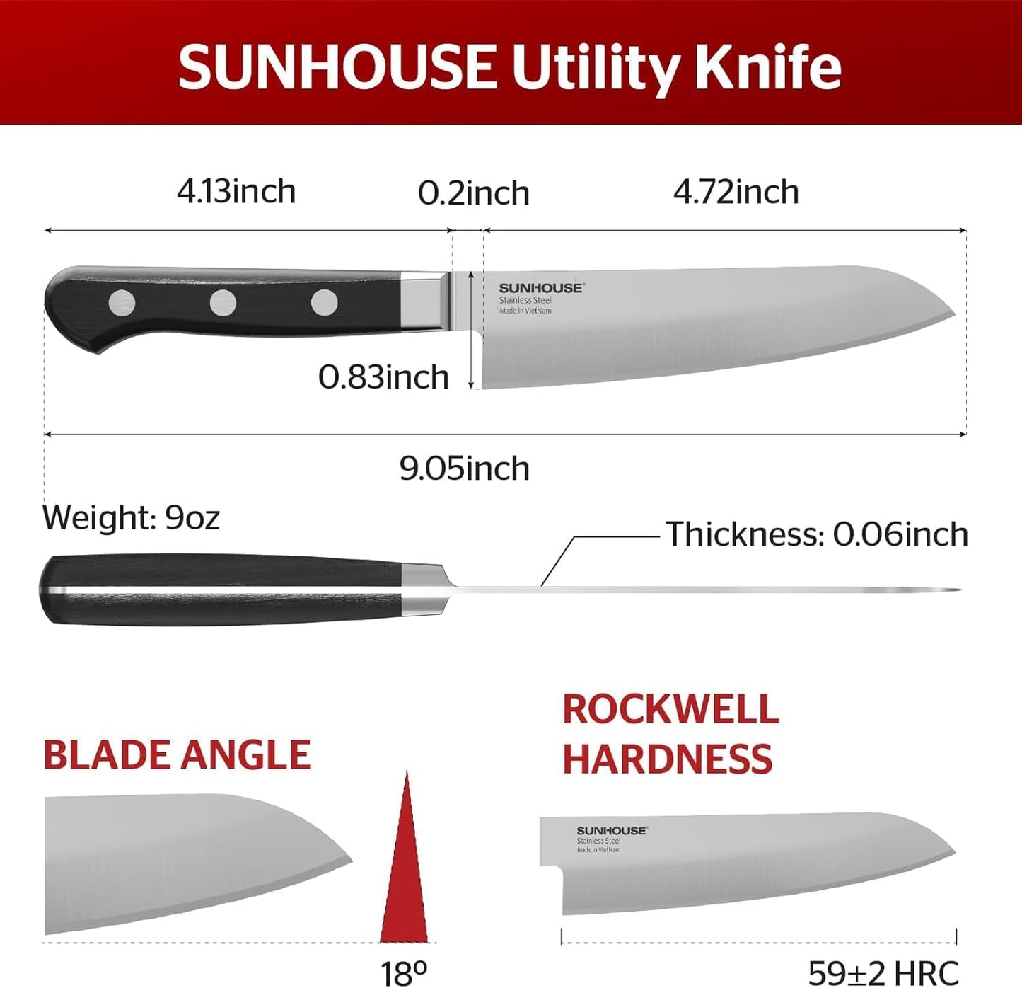 Sunhouse Japanese Chef Knife 4.7 inch, High end Paring knife, AUS-8 steel – Superior 59 HRC Hardness, Razor Sharp Blade, Full Tang, Ergonomic Handle, Perfect Gifts for Mom or Dad