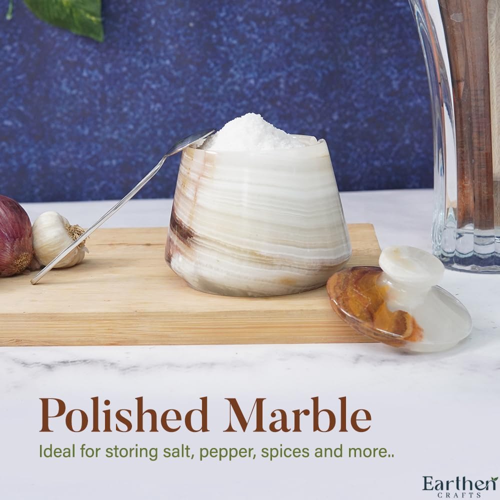 Marble Salt Cellar With Lid & Spoon 4 Inch Stone Salt Container, Seasoning Spice Jar Holder & Jewelry Storage, Salt Box For Kitchen Counter (White Onyx)