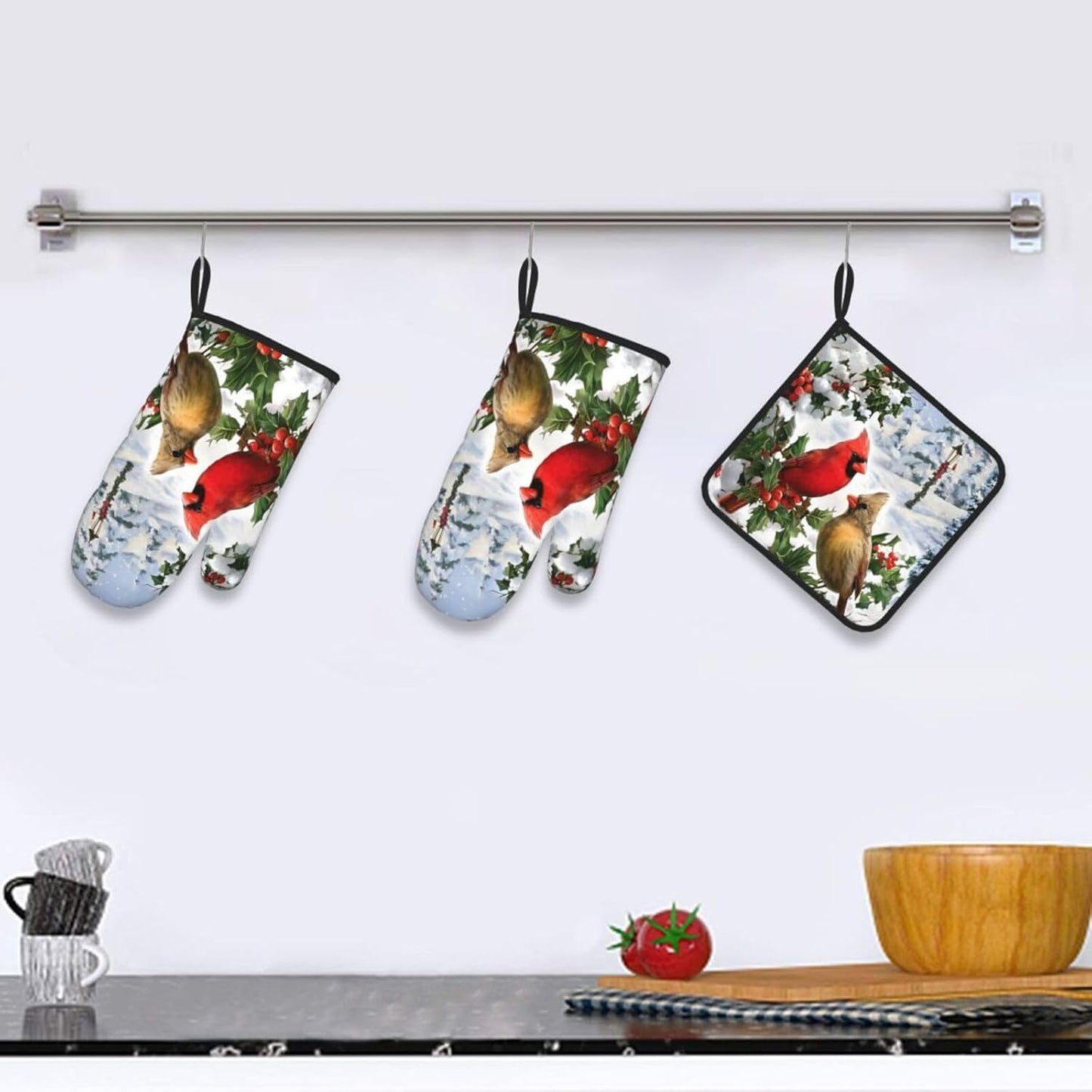 Winter Cardinal Christmas Oven Mitts and Pot Holders Sets of 3,Heat Resistant Hot Pads Oven Gloves for Cooking Grilling Baking, Christmas Kitchen Decor, for Women