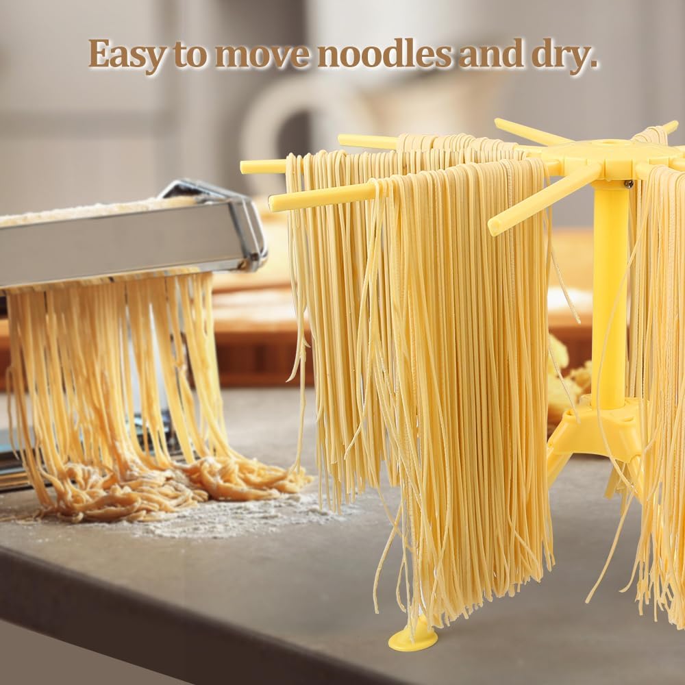 Ourokhome Collapsible Pasta Drying Rack, Plastic Foldable Homemade Fresh Spaghetti Stand Dryer Noodle Hanger for Kitchen with 10 Arms, Stable, Easy Storage, Quickly Set Up (Yellow)