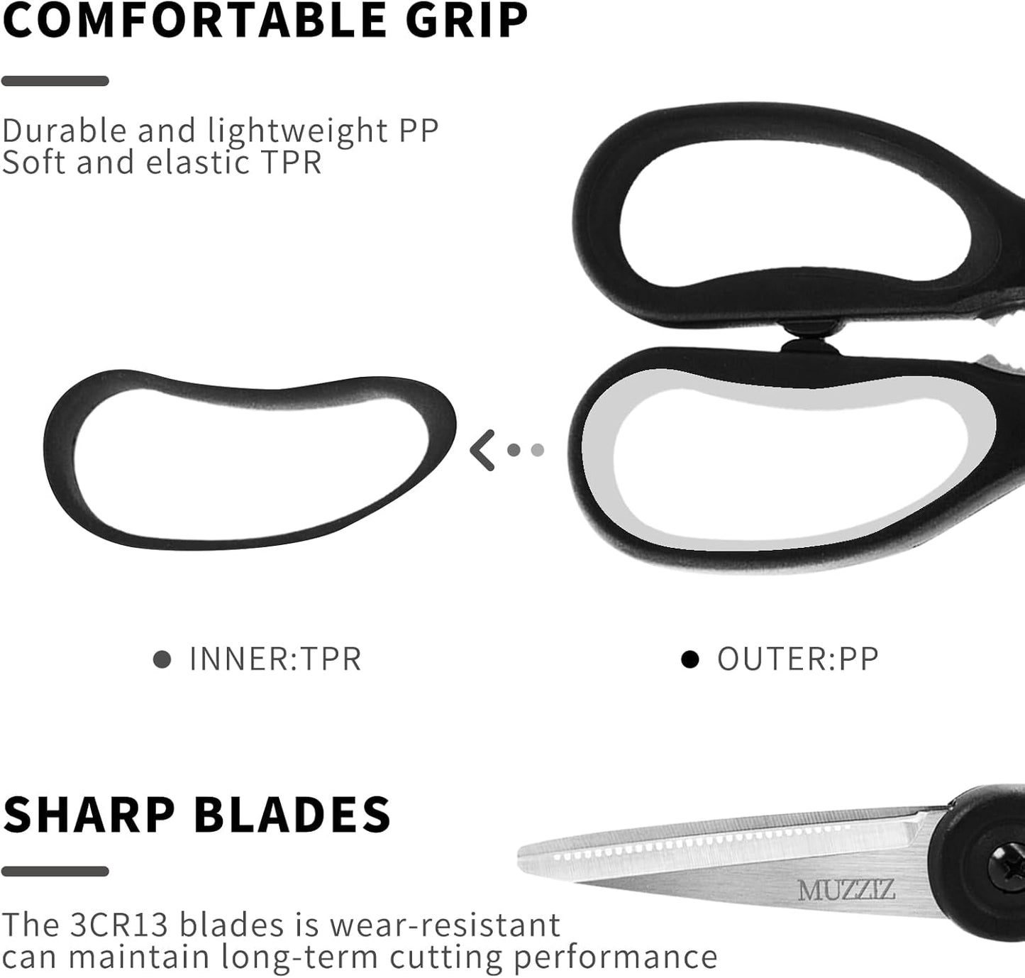 Kitchen Scissors All Purpose, Heavy Duty Stainless Steel Kitchen Shears for Food, Herbs, Meat, Fish with Soft Comfort Grip Handle - 8.7-Inch Black
