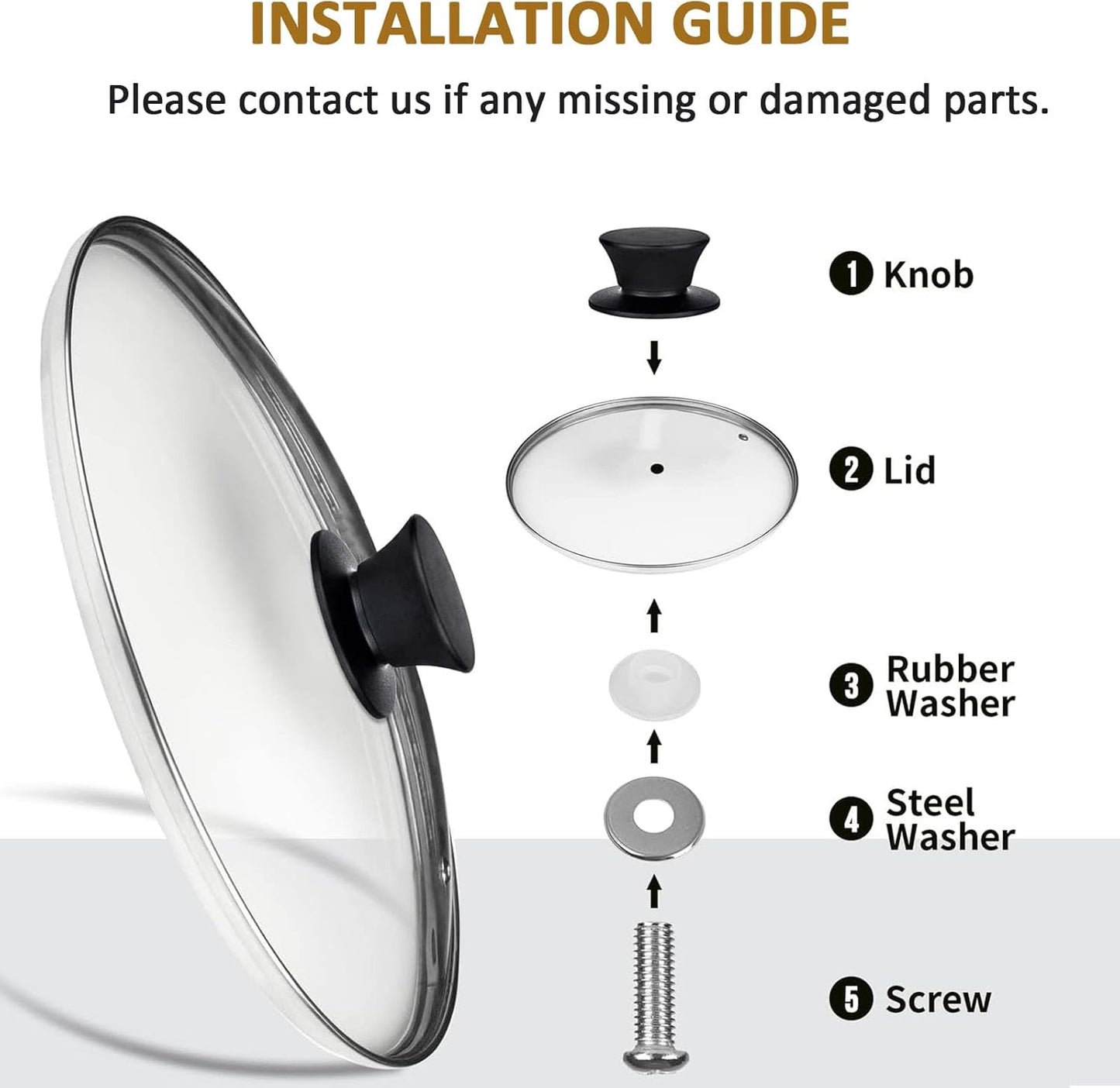 Glass Lid for 9.5 Inch Cast Iron Skillets Frying Pans, 24 cm Tempered Lids for Dutch Ovens, 9.5 In Pan Cover with Stainless Steel Rim for Stock Pots, Heat Resistant Handle, Dishwasher Safe
