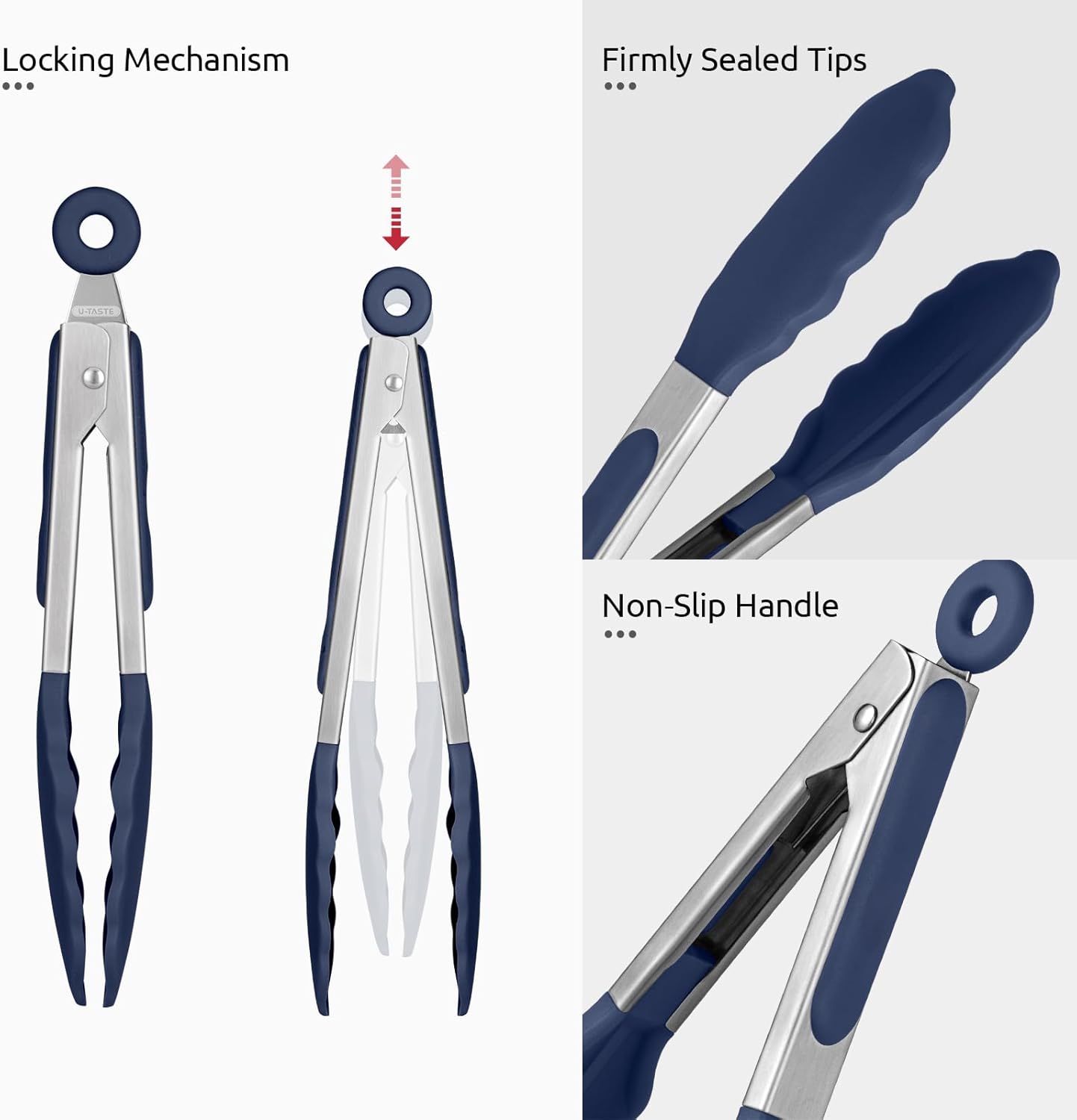 600ºF Heat Proof Kitchen Tong: U-Taste 7" Silicone Cooking Tong with Firm Sealed Non Stick Rubber Tips & Silicon Coated 18/8 Stainless Steel Handle & Smooth Locking for Serving Salad (Midnight Blue)