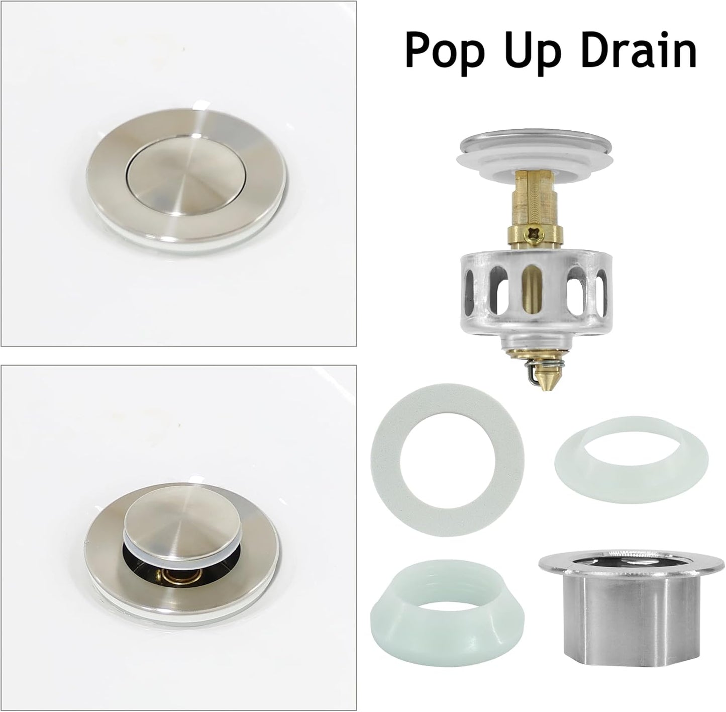 Bathroom Sink Drain,Drain Stopper Bathroom Sink Without Overflow,Small Cap Pop Up Drain Assembly with Detachable Strainer Basket,Built-in Anti-Clogging, Stainless Steel Nut Brushed Nickel