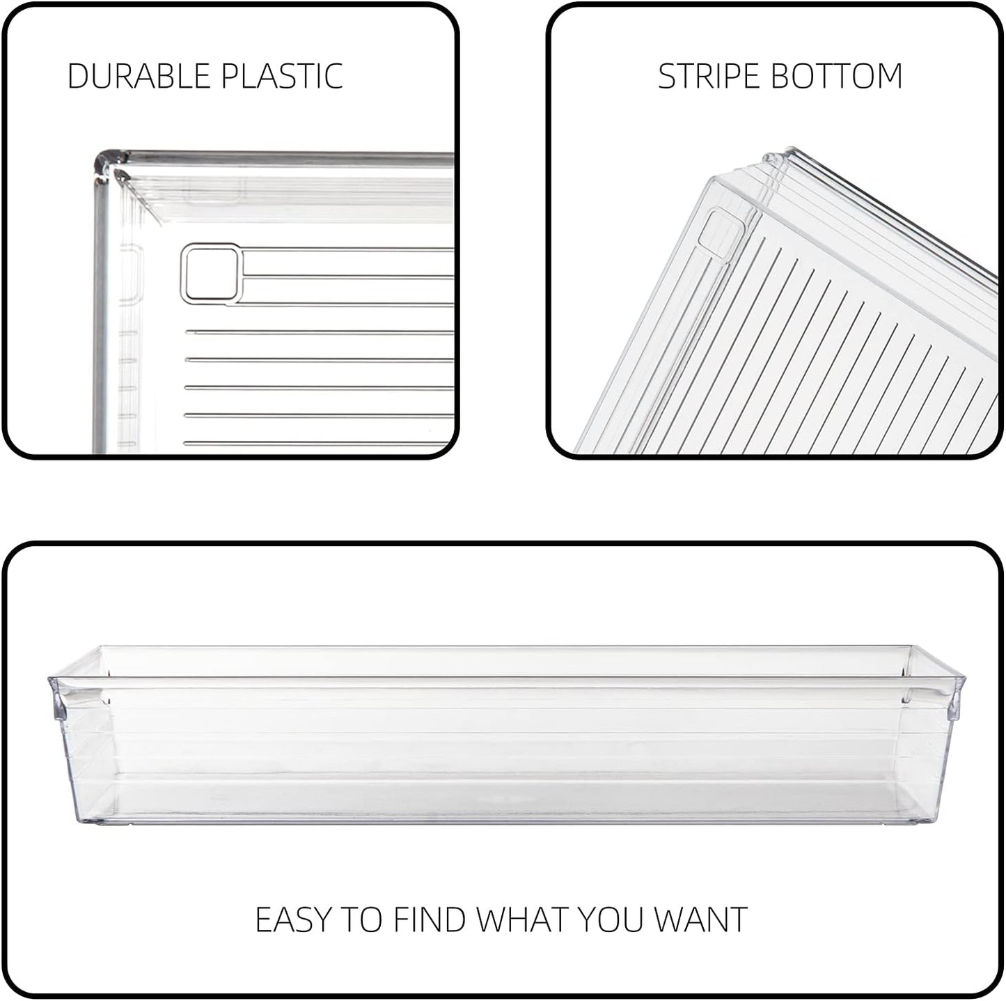 Backerysupply 4 Pack Storage Bins For Bathroom Cosmetic Makeup Vanity Clear Plastic Desk Drawer Organizers Tray Kitchen Utensils Silverware Dividers 15"x6"x2"