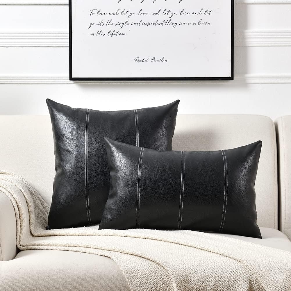 Fancy Homi Black Long Lumbar Faux Leather Decorative Throw Pillow Covers 14x24 Inch for Living Room Couch Bed Sofa, Boho Farmhouse Home Decor, Hand Stitched Rectangle Cushion Case 35x60 cm