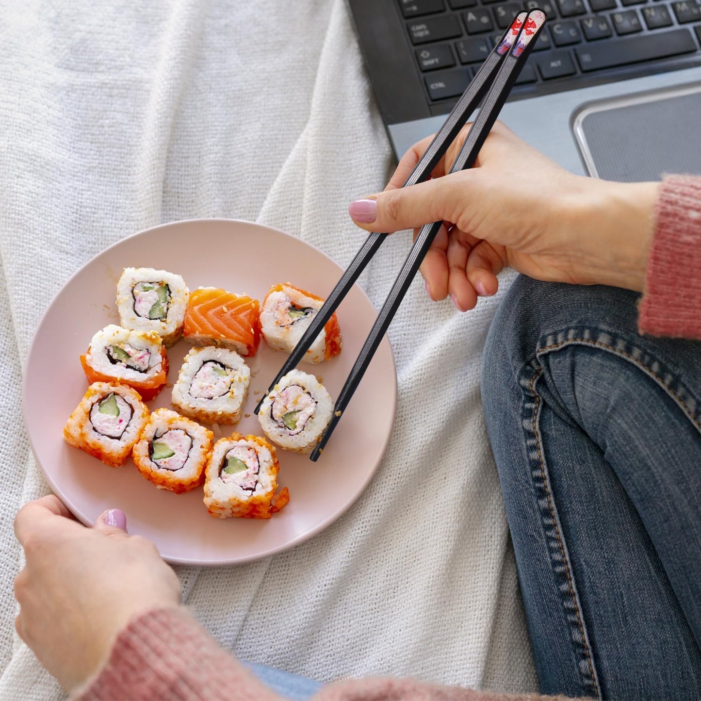 GLAMFIELDS 5 Pairs Premium Chopsticks Reusable Dishwasher Safe 9.5 Inch Fiberglass Chop Sticks Gift Set Hexagon Black Non Slip with the Printed Tops