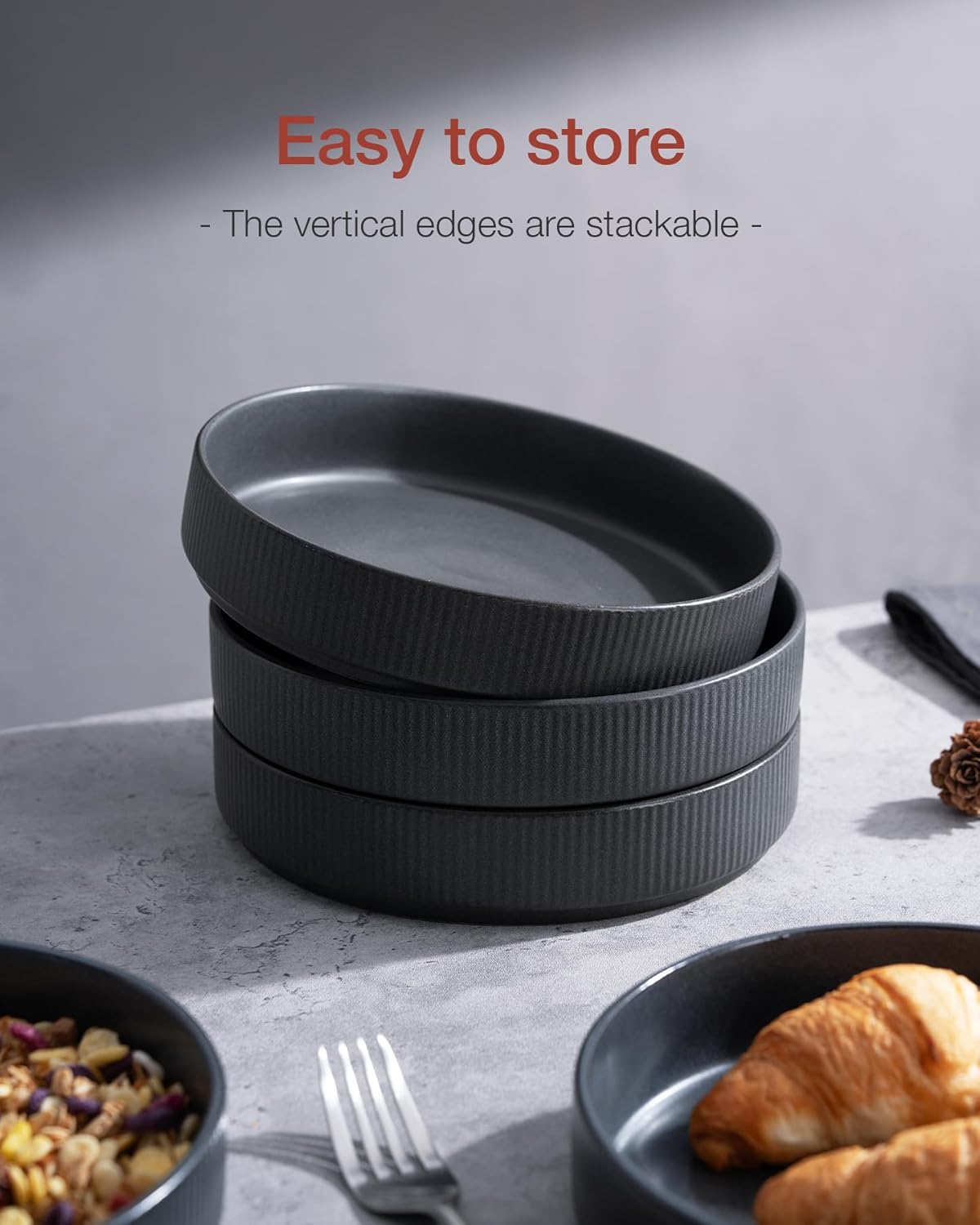 famiware Star 8.25" Pasta Bowls, Large Dinner Bowls Set of 4, Salad Bowl Plates, Shallow Bowls for Eating, Matte Dark Charcoal (Full Glaze)