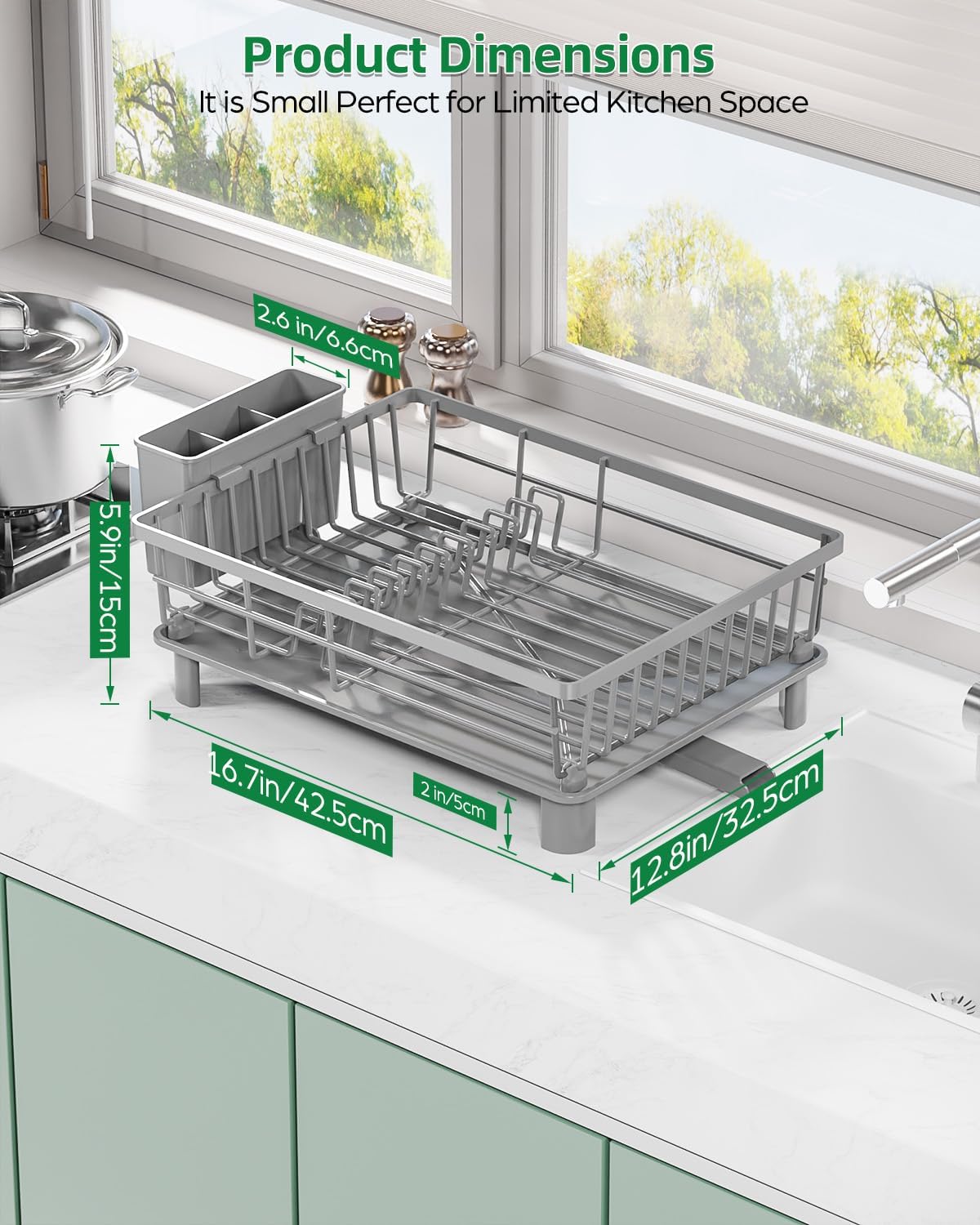 Dish Drying Rack, Stainless Steel Drainer Rack with Drainboard with Smart Drainage System, Space Saving Dish Strainer for Kitchen Counter with Cutlery Holder, Grey