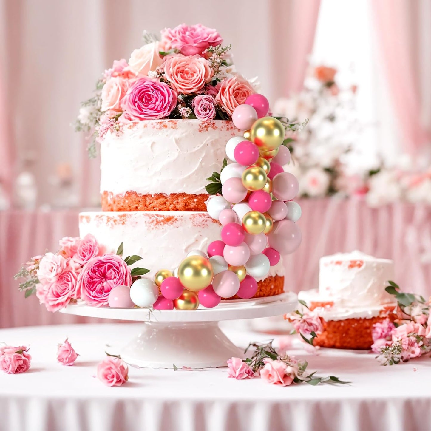 48 Pcs Balls Cake Topper Decorations Balloon Cupcake Toppers Foam Cake Topper Balls Cake Balls Decorations for Birthday Party Wedding Anniversary Cake Decorating (Rose Red, Pink, White, Gold)