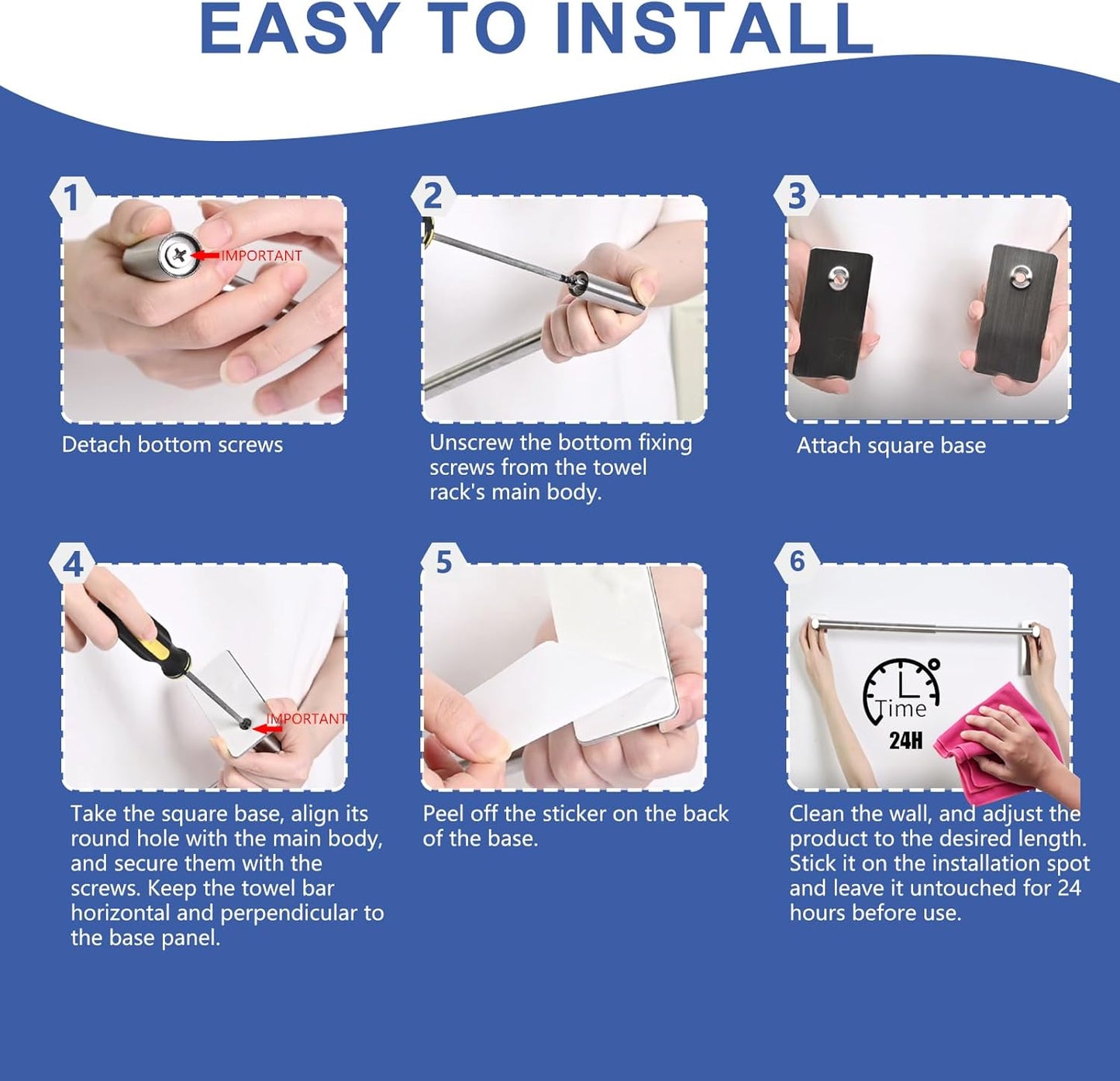 Adhesive Adjustable Towel Bar, HOMOTEK Economical Self Stick Towel Holders, Towel Rod Size from 12 Inch to 22 Inch Single Towel Racks, Towel Hanger Hook for Kitchen(1 Pack Matte Black)