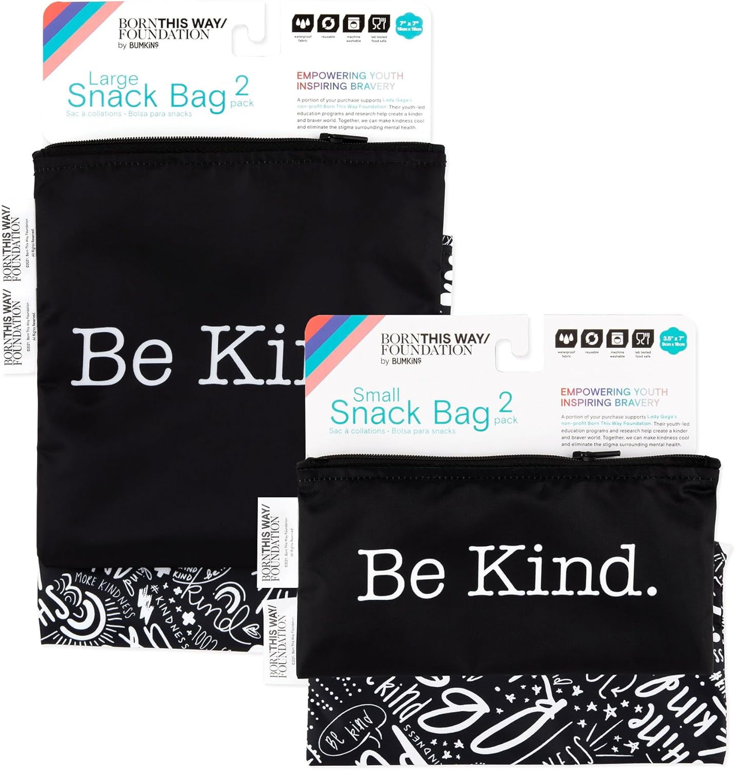 Bumkins - Cloth Snack & Sandwich Bags - For Storage, Travel, Food Prep, Lunch - Reusable, Water Resistant, Washable, Dishwasher Safe - Snack Bags for Kids - Zipper Closure - BTWF Be Kind - 4 Pack