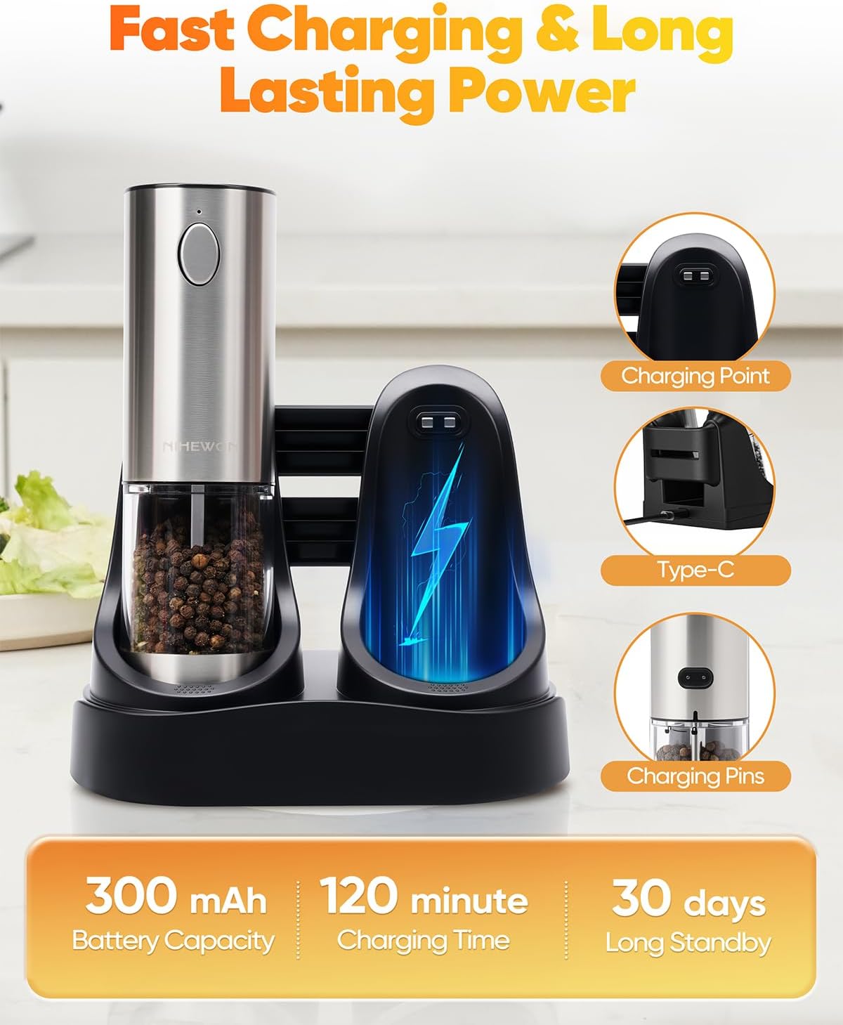 Electric Salt and Pepper Grinder Set Rechargeable, Automatic Salt and Pepper Grinder Set for Kitchen, USB Charging Base & LED Light, Adjustable Coarseness, Stainless Steel