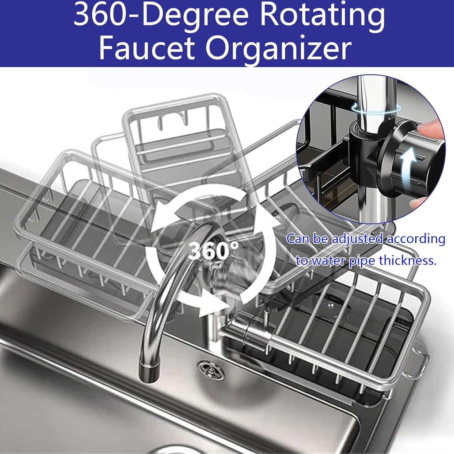 Kitchen Sink Faucet Organizer Multifunction Sponge Holder Organizer Sink Drain Holder Over Faucet Kitchen Sink Caddy with Hook Adjustable for 0.7-1.1inch Round Water Pipe (Black, S)