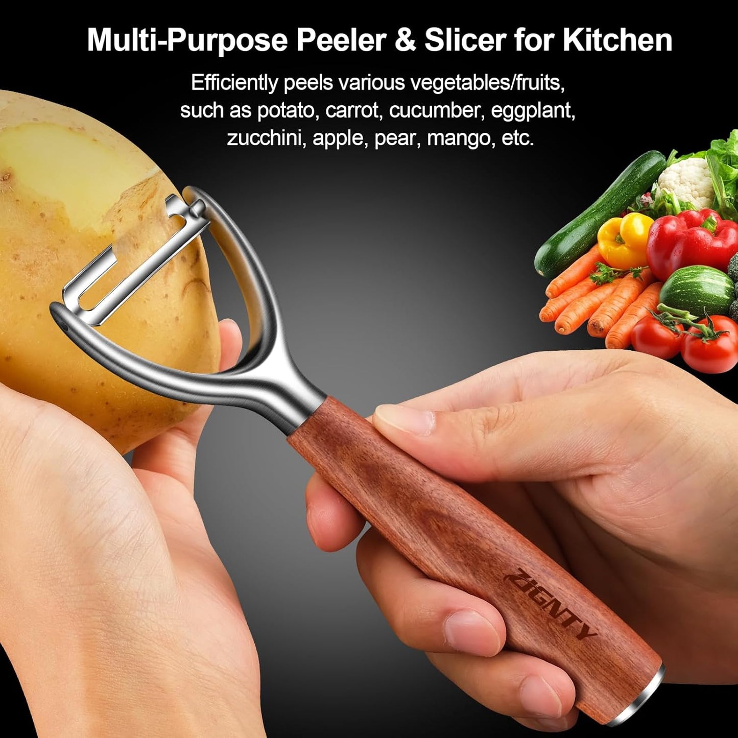 Premium Vegetable Peeler Stainless Steel,Ultra Sharp Potato Peelers for Kitchen, Swivel Blade Veggie Fruit Peeler, Carrot Cucumber Peeler with Ergonomic Wood Handle Y Peeler(5 Years Warranty)