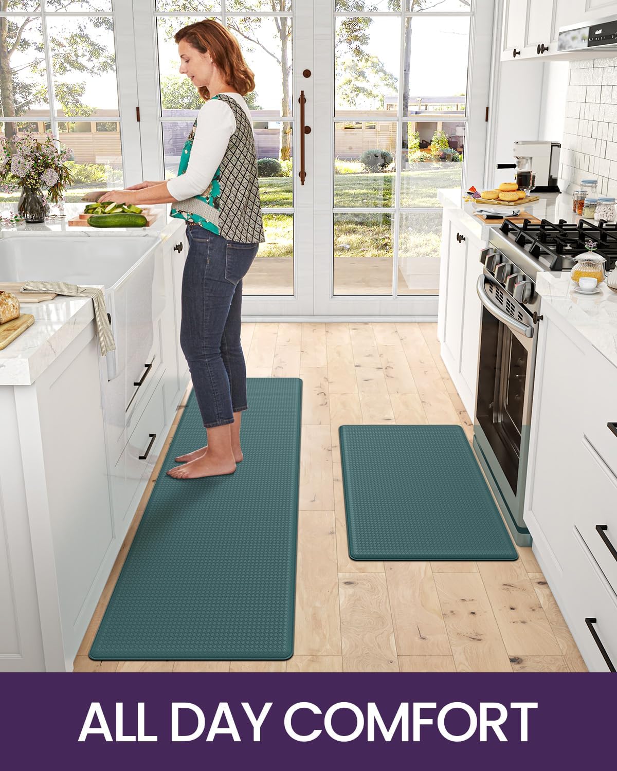 DEXI Kitchen Floor Mats Cushioned Anti Fatigue,17x29+17x59, Standing Runner Rug Waterproof, Comfort Memory Foam Padded for Front Sink Laundry Set of 2, Hunter Green