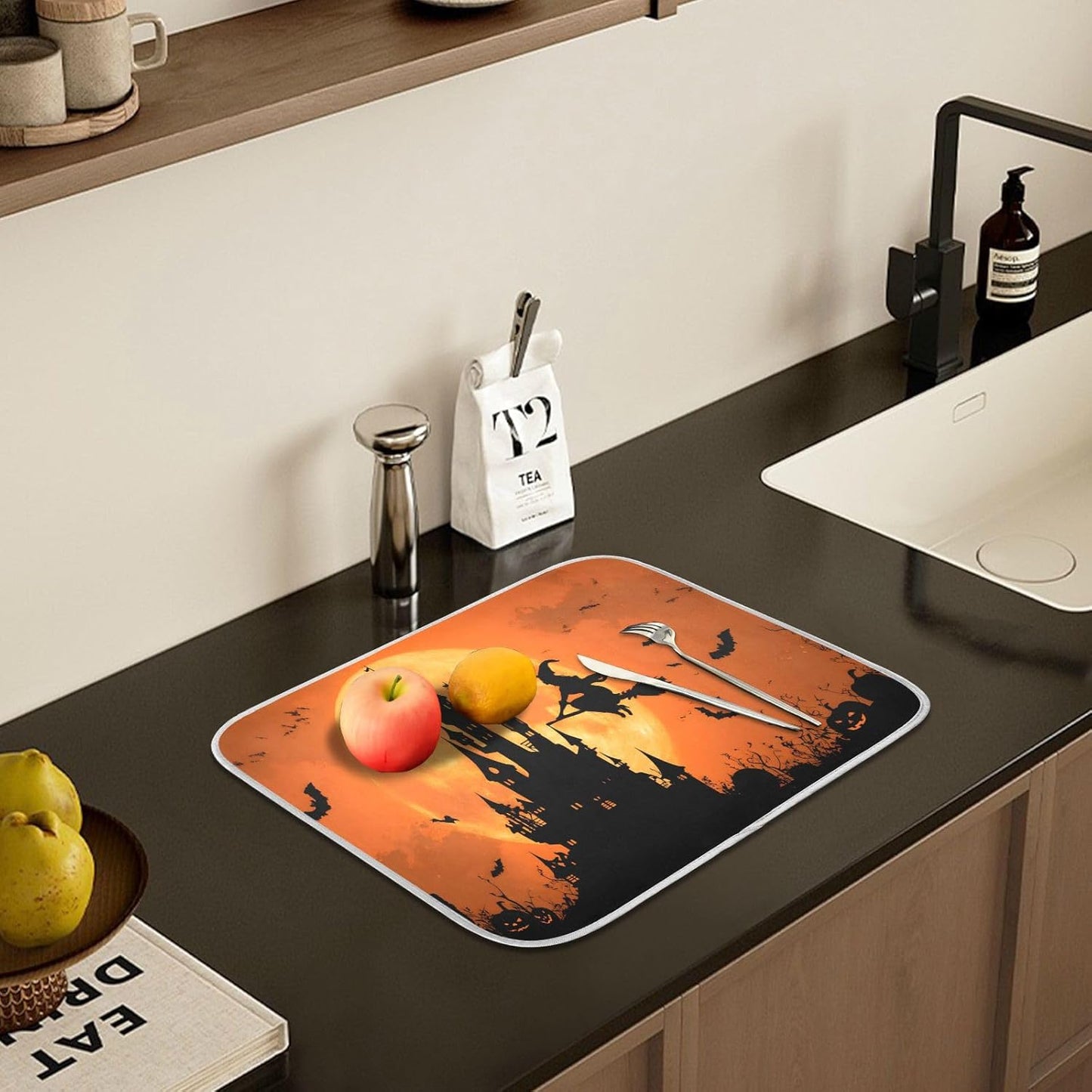 Halloween Witch Bat Castle Pumpkin Dish Drying Mat for Kitchen Counter Absorbent Microfiber Small Drying Pad Dish mats for Kitchen Countertops 16 x 18 Inch