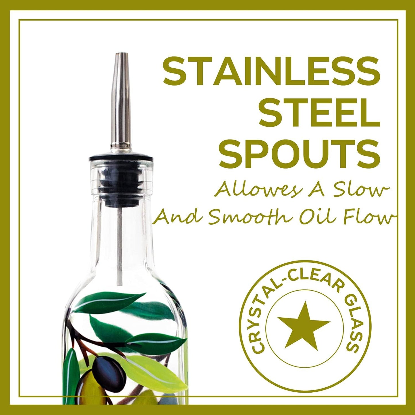 17oz Hand Painted Glass Olive Oil Bottle Dispenser - 500ml Green Oil & Vinegar Cruet with Pourers - Olive Oil Carafe Decanter for Kitchen (olive2)