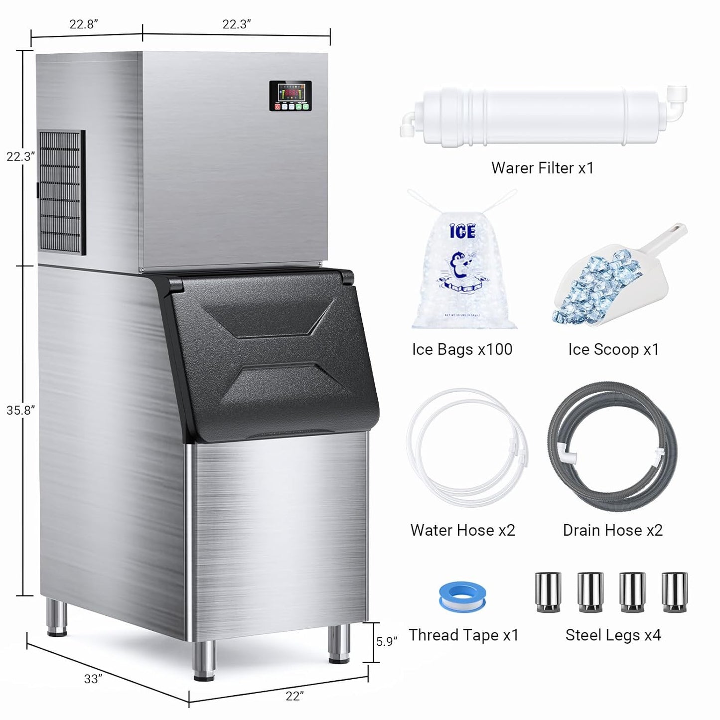 600LBS/24H Commercial Ice Machine Maker, 420LBS Capacity Large Industrial Ice Maker, Clear Ice Cubes Ready in 5-15min, Micron Water Purification Filter 99% impurities, for Cafe, Bar