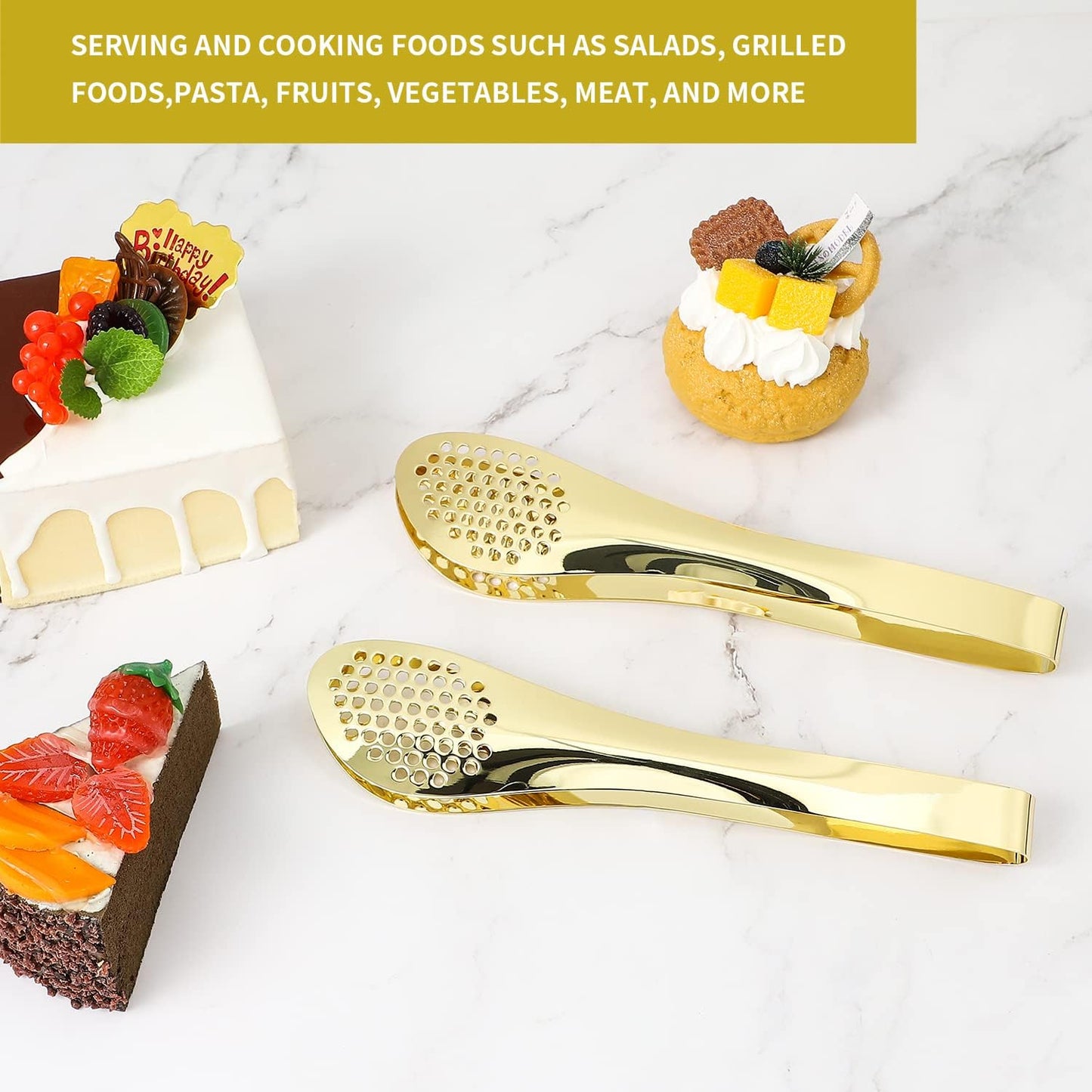 MSY BIGSUNNY 2 Pack Buffet Tongs, Gold-plated Stainless Steel Food Tongs Serving Tong