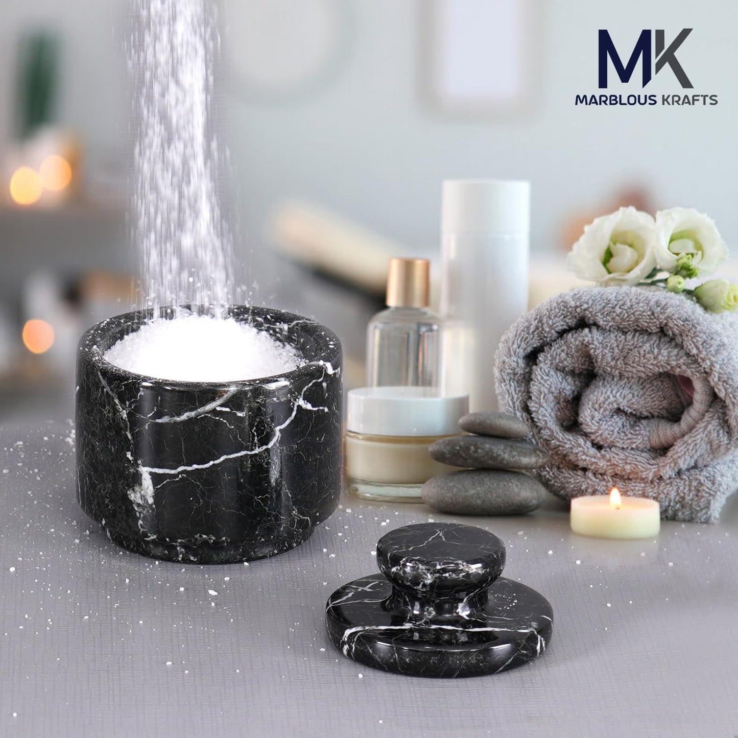 Marble Salt Cellar with Lid 3" Black Zebra Stone Salt, Sugar, Seasoning Containers for Kitchen Countertop, Modern Salt Dish, Spice Jar