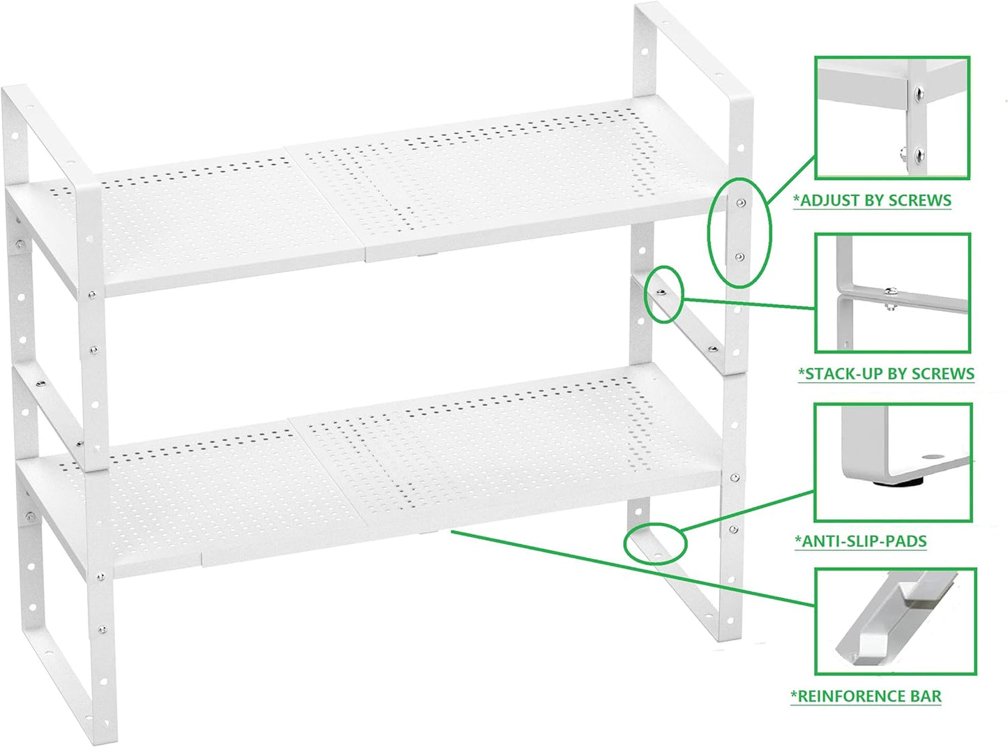 Expandable Shoe Rack Stackable Metal Pantry Storage Shelves Stand Adjustable Height Cabinet Shelf Organizer Racks Spice Shelving(2PACKS/WHITE,MEDIUM)
