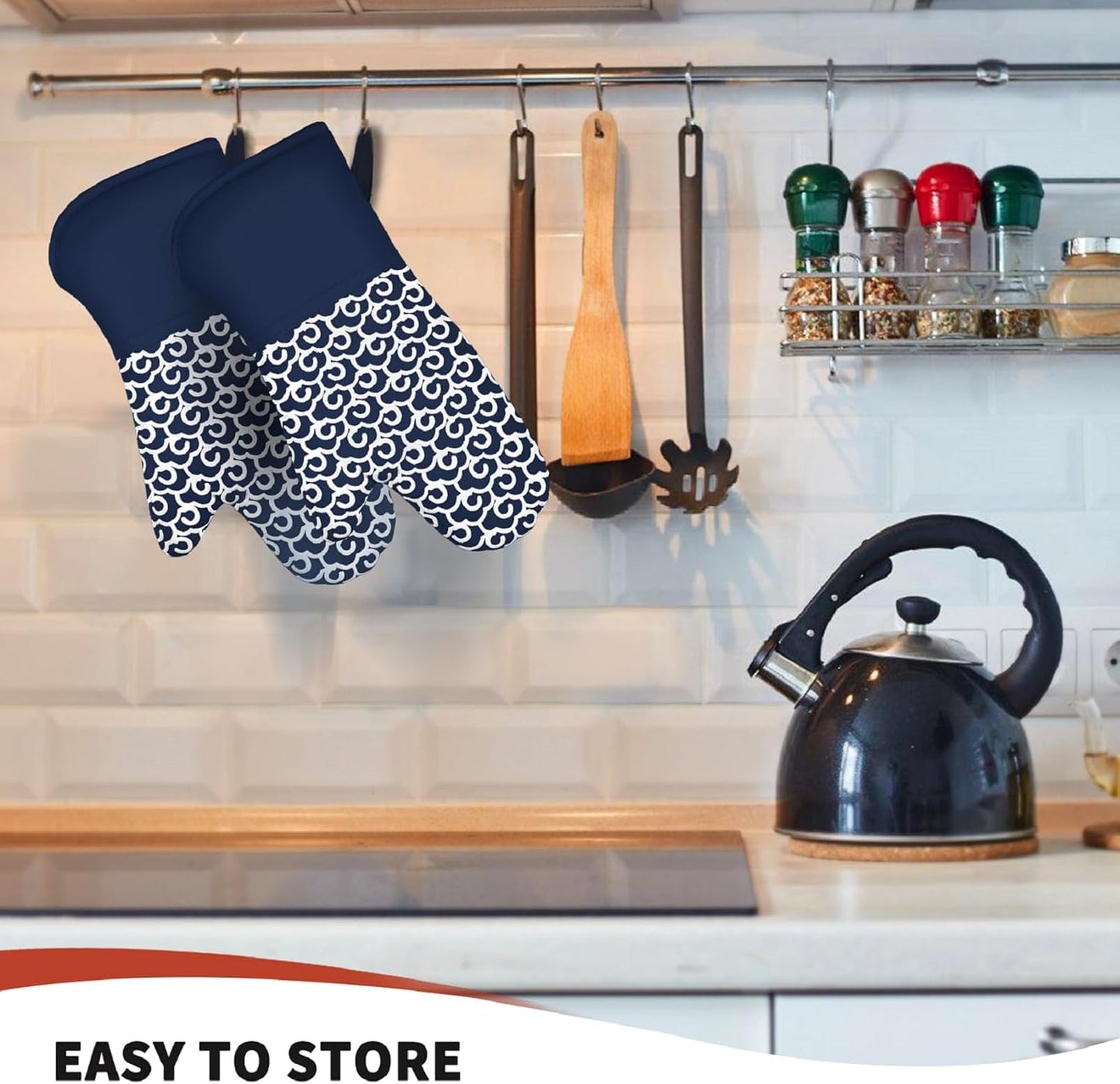 Extra Long Oven Mitts,High Heat Resistant 500 Degree Oven Gloves with Soft Cotton Lining and Non-Slip Silicone, Perfect for BBQ,Baking,Cooking and Grilling- 1 Pair (Blue)