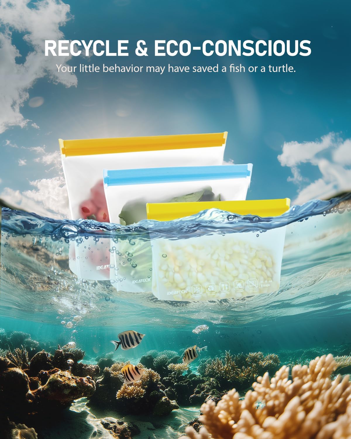 IDEATECH Gallon Freezer Food Containers, BPA Free PEVA Reusable Gallon Bags, Sandwich Bags, Lunch Baggies, Travel Healthy Food (Grey, 8Pack-8Gallon)