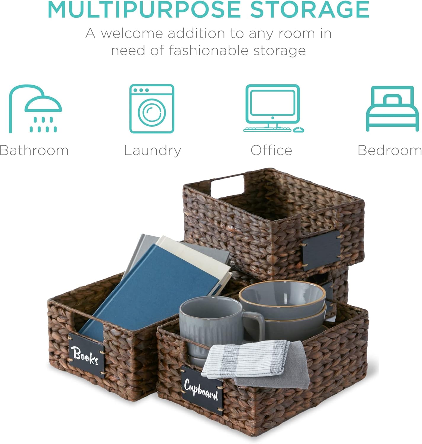 Best Choice Products Set of 4 9x12in Water Hyacinth Pantry Baskets, Woven Organizers w/Chalkboard Label, Chalk Marker - Brown