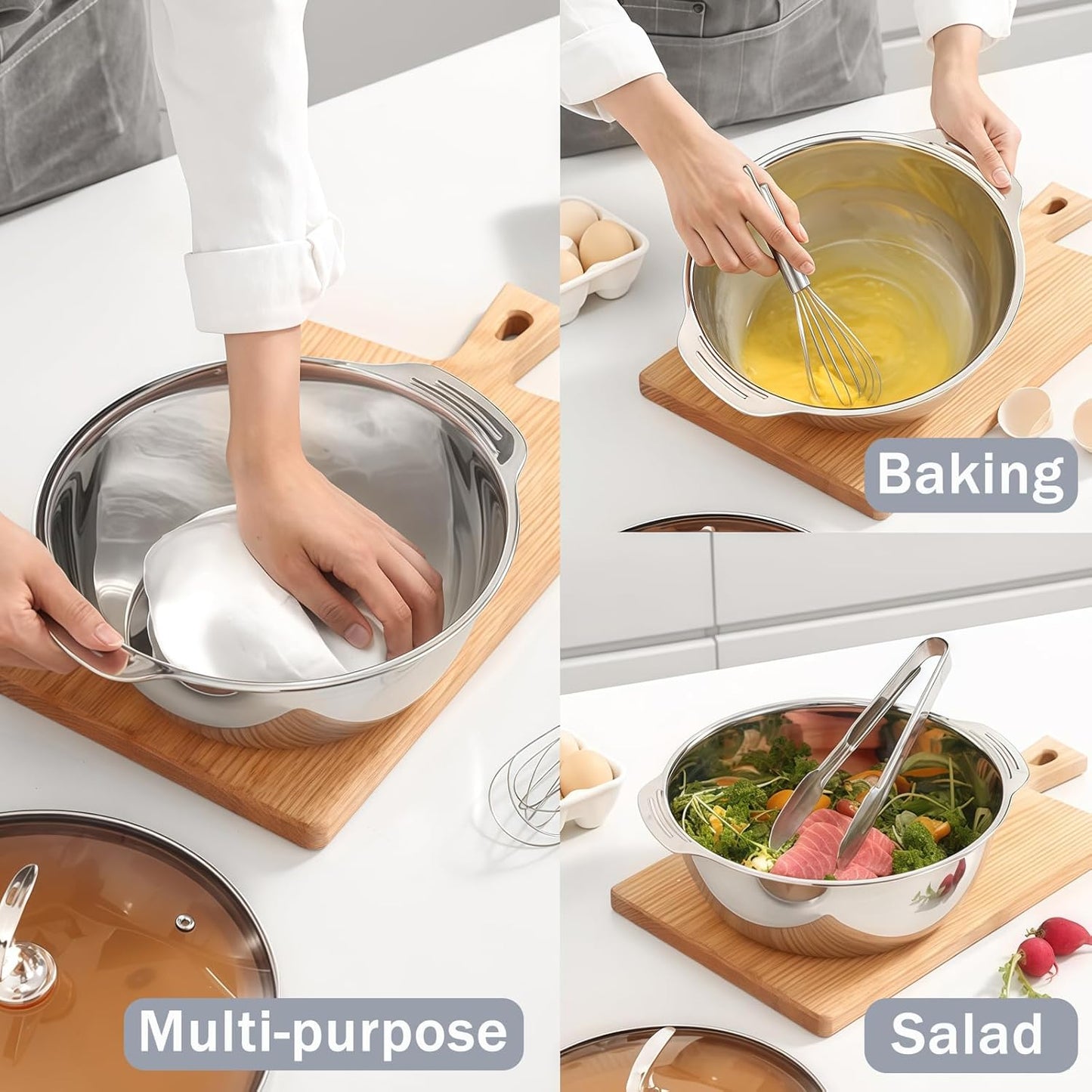 Versatile 3.5 Quart Kitchen Colander Set with Handle, Micro-Perforated Strainer for Pasta, Rice, Vegetables, Fruits, Heated 18/10 Stainless Steel Mixing Bowl for Salad, Cooking, Baking