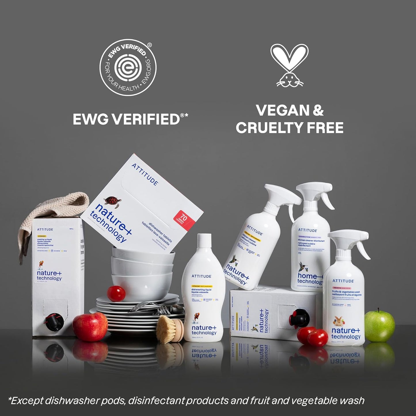 ATTITUDE Dish Soap Refill, EWG Verified, Plant-Based & Vegan Dishwashing Liquid, Naturally Derived, Green Apple & Basil Scent, 67.6 Fl Oz