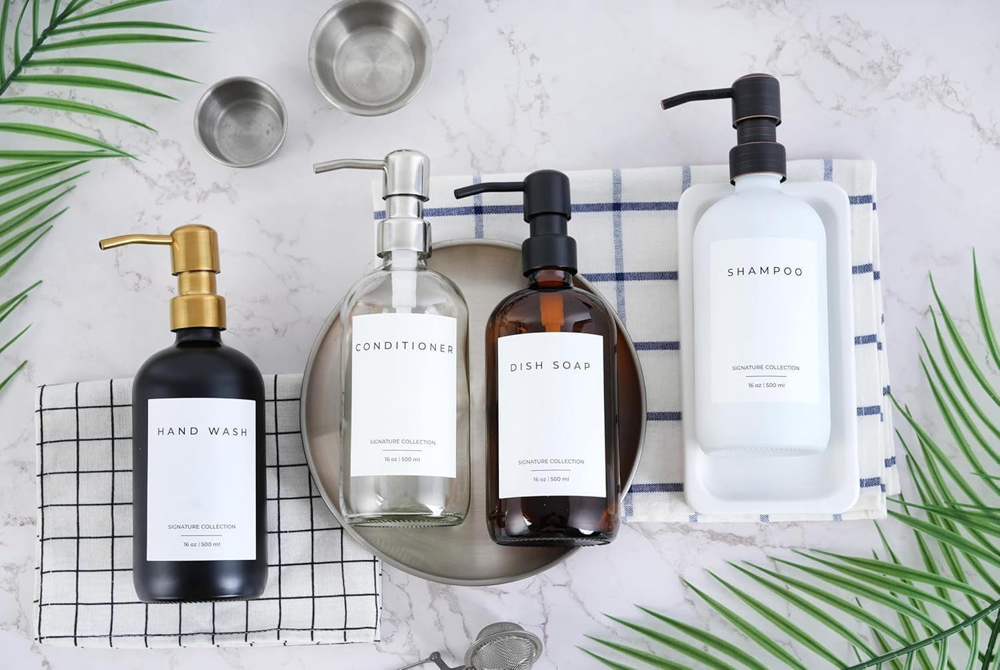 Emerson Essentials Glass Soap Bottle Dispensers, 2 Pack, Stainless-Steel Pumps Rust-Free, Hand Set for Bathroom Kitchen Sink, Liquid Lotion Shampoo Jars with 4 Waterproof Labels, 16 Oz Black/White