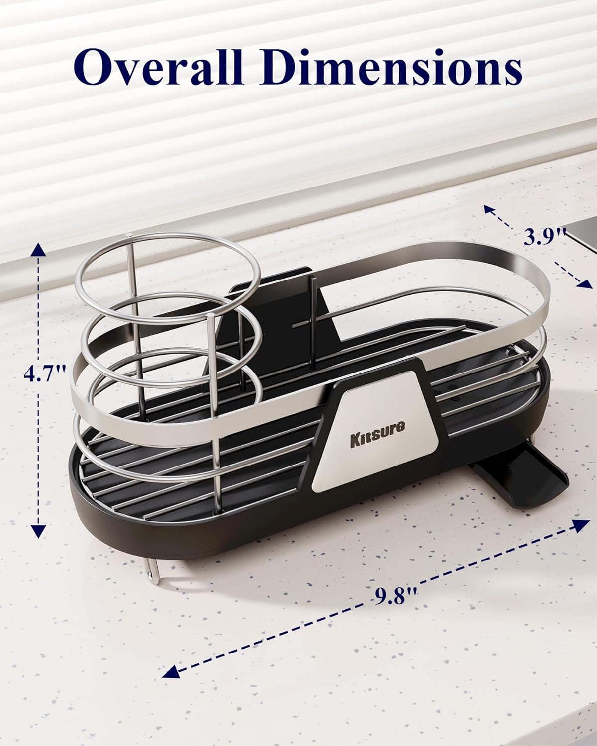 Kitsure Sponge Holder for Kitchen Sink - Space-Saving Kitchen Sink Caddy, Rustproof Metal Organizer with Removable Brush Holder, 9.8"×3.9"×4.7", Black