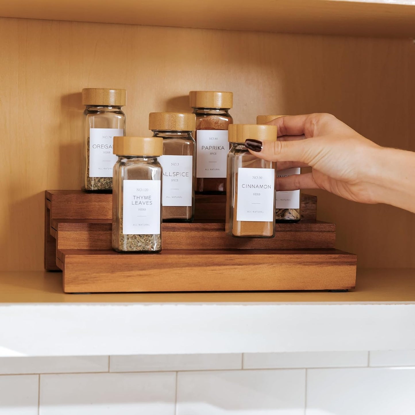 KitchenEdge Expandable Spice Rack Organizer for Cabinet, 3-Tier Shelf for Spice Organization (11” to 22”), Fits 36 Spice Jars, Seasoning and Pantry Storage, Non-Slip Feet, 100% Acacia Wood